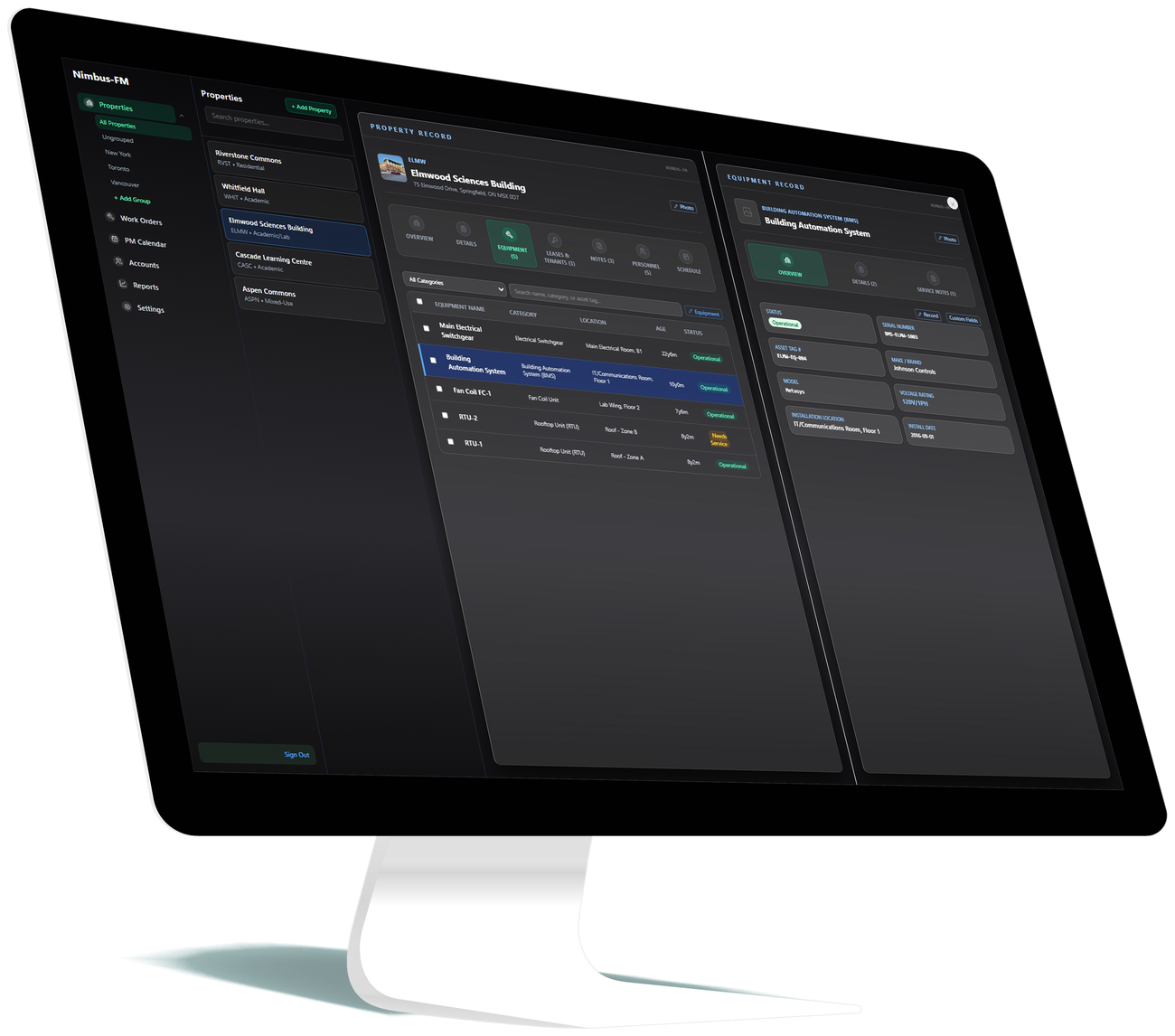 Nimbus-FM property and equipment records shown on a desktop mockup