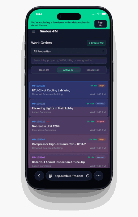 Nimbus-FM work orders on a phone mockup