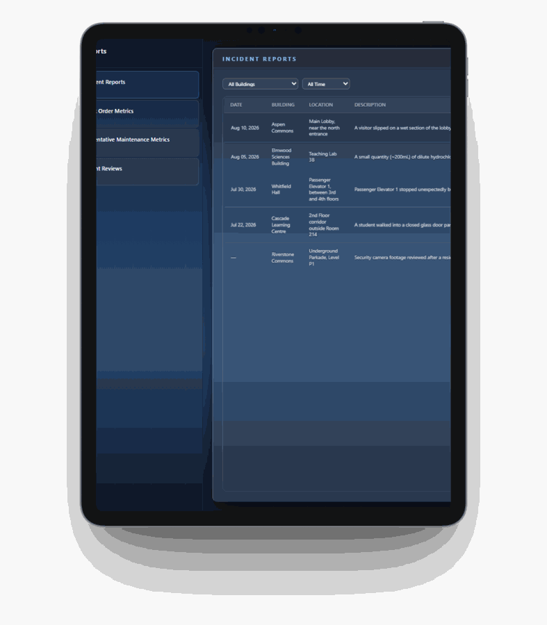 Nimbus-FM incident reports on a tablet mockup